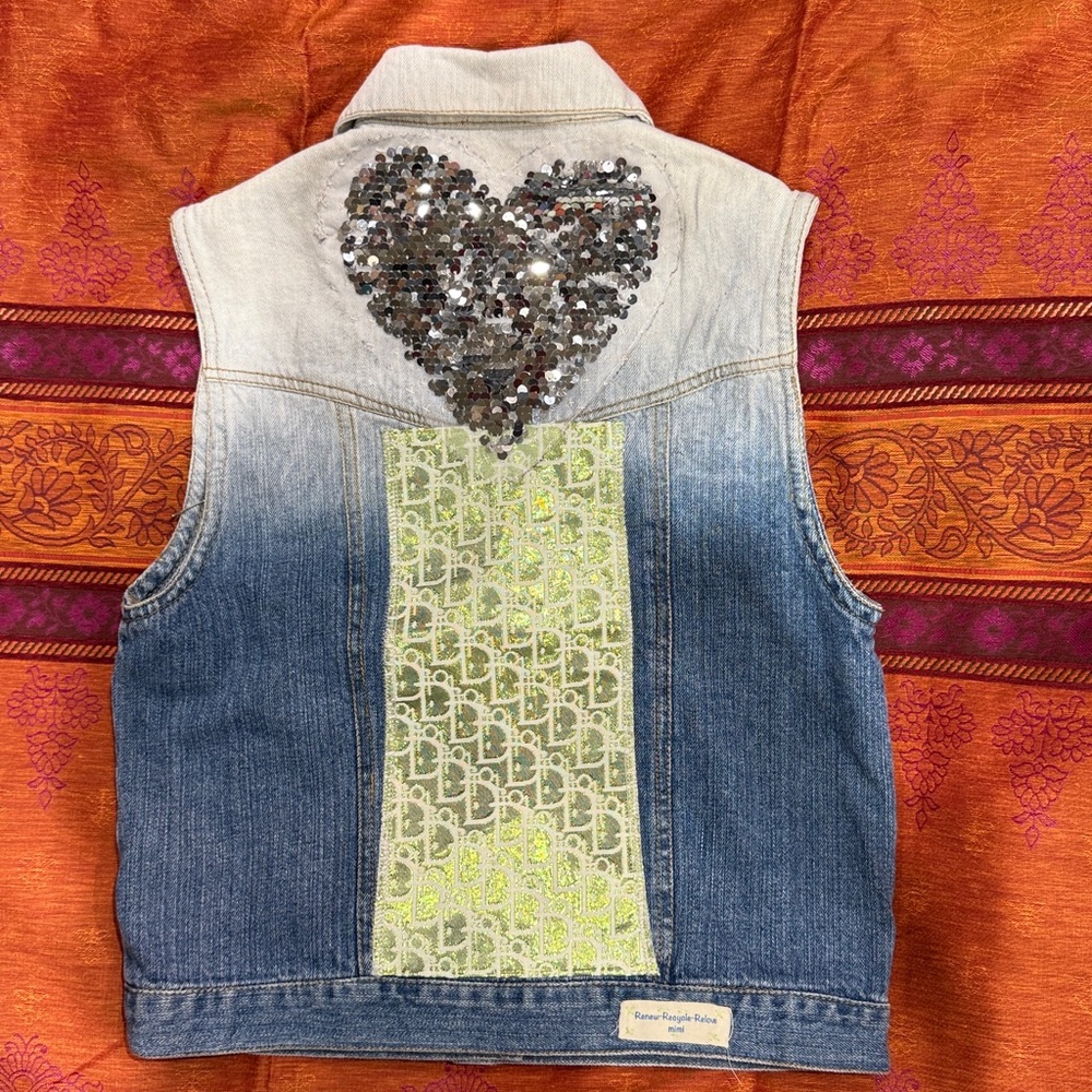 Designer Inspired Denim Vest Sequin Heart sz S Valentine’s Day Style